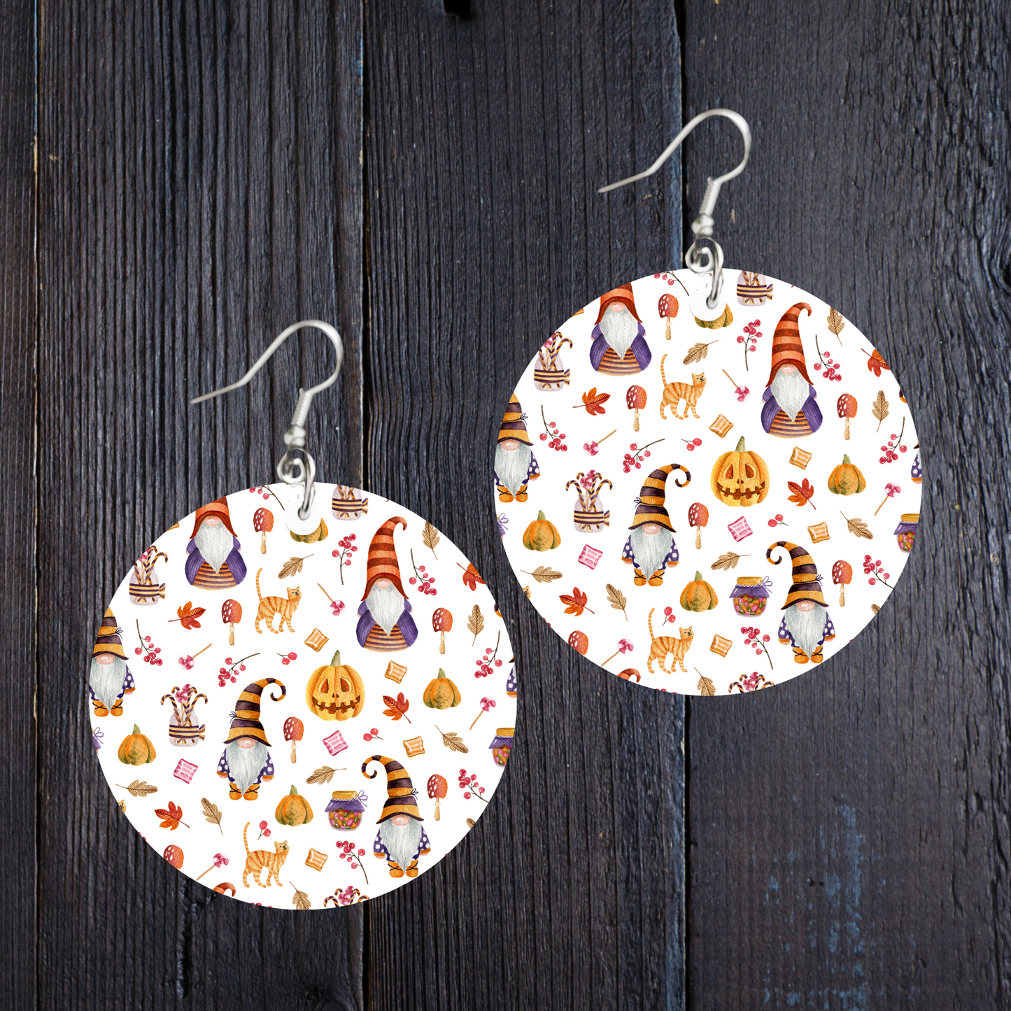 Fall Gnomes Wood Earrings - Silver Plated Hooks - 1"x1.5"