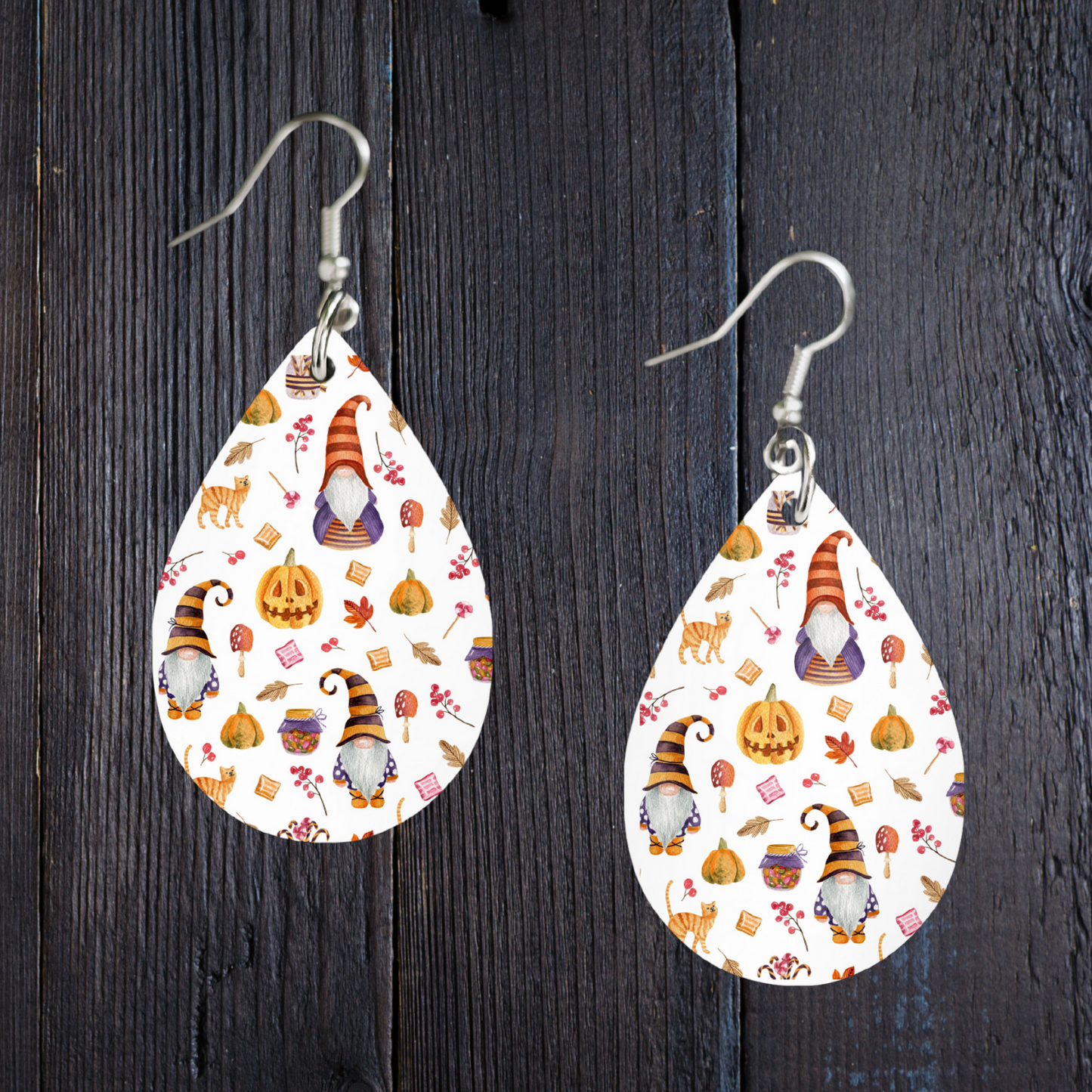 Fall Gnomes Wood Earrings - Silver Plated Hooks - 1"x1.5"