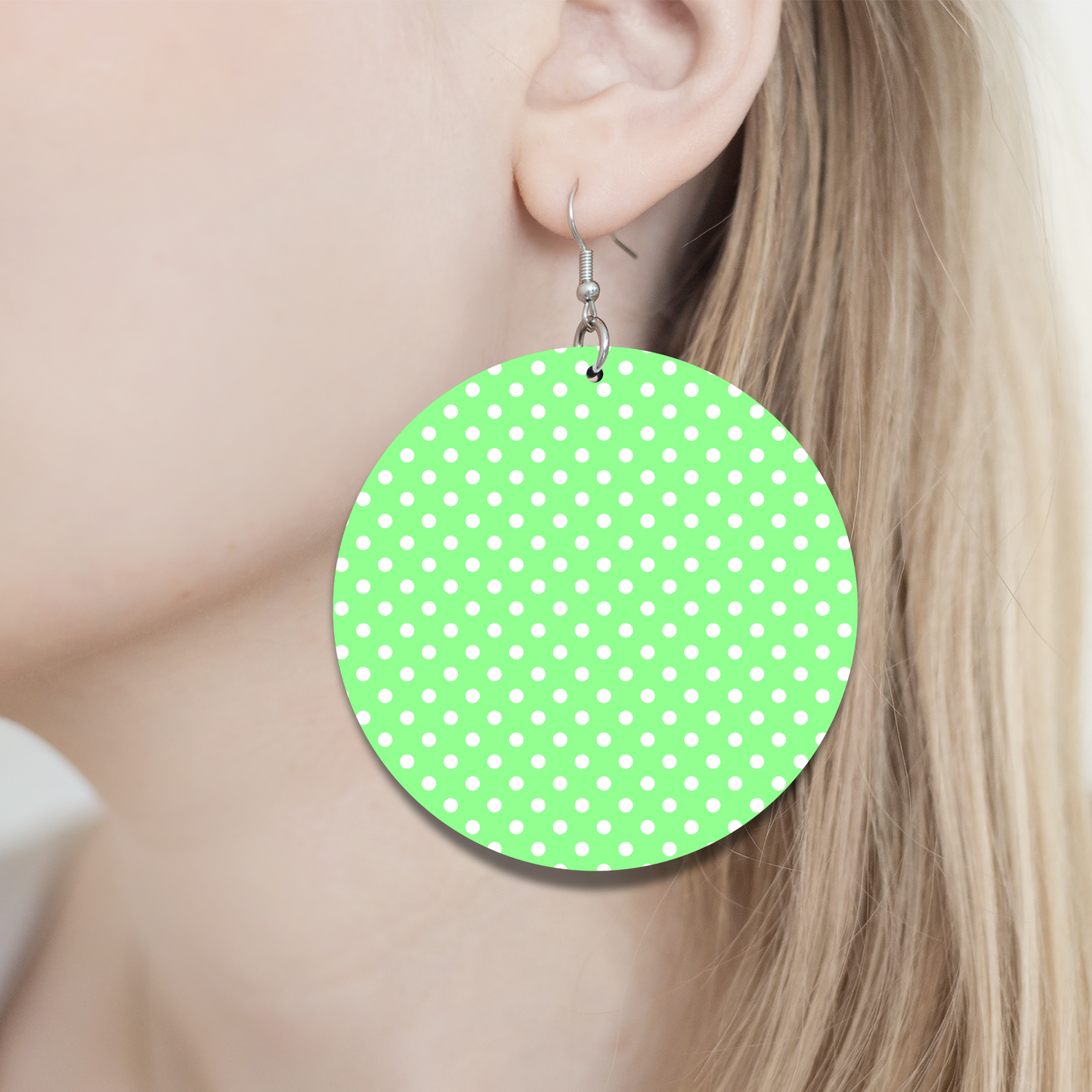 Bright Green & White Polka Dot Earrings - 2" Circle