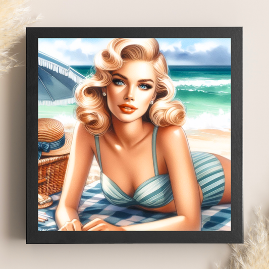 Beach Belles - Sunbathing Beauty - Framed Canvas Art Print - 6" x 6"