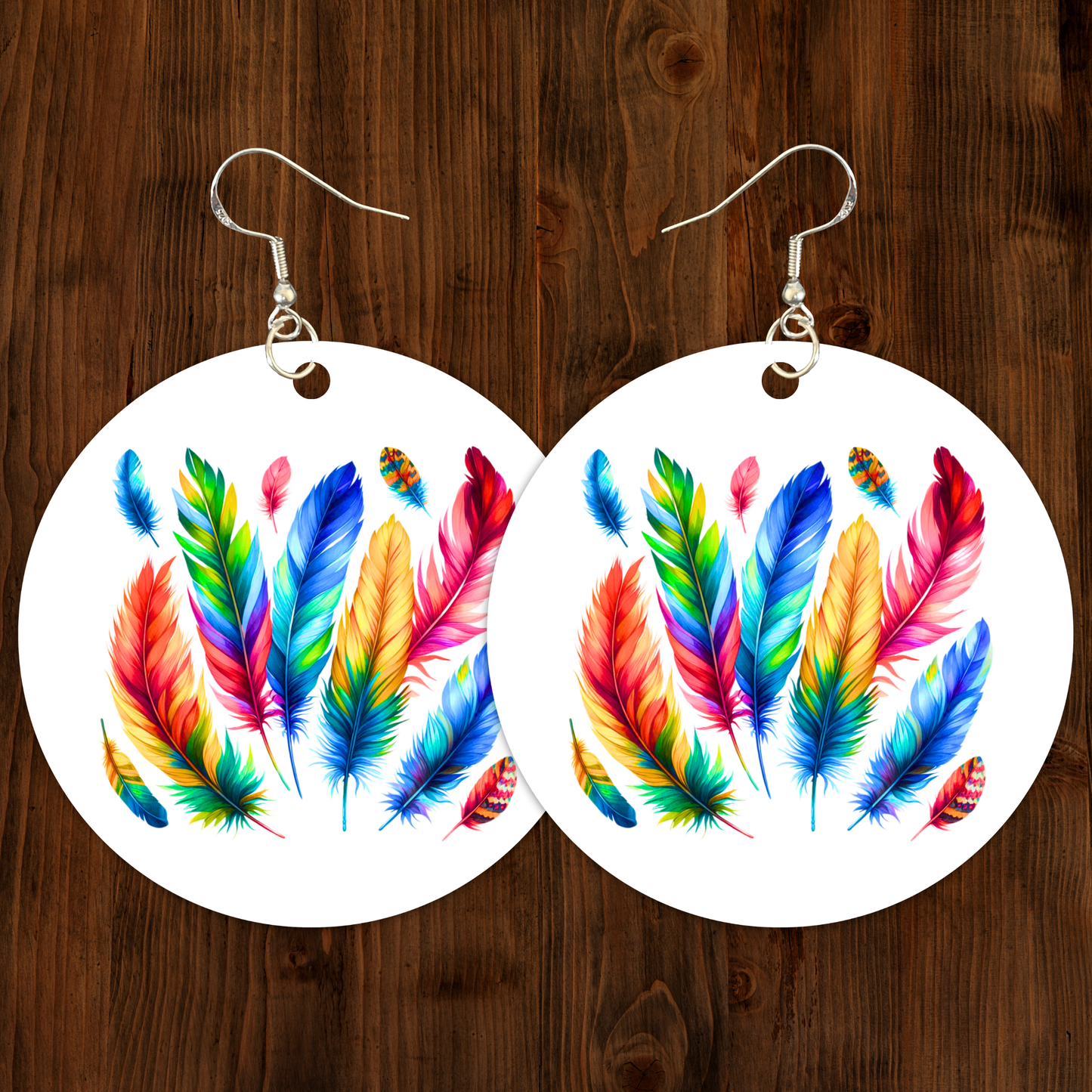 Plume Pallette - Rainbow Feathers Earrings - 2" Circle