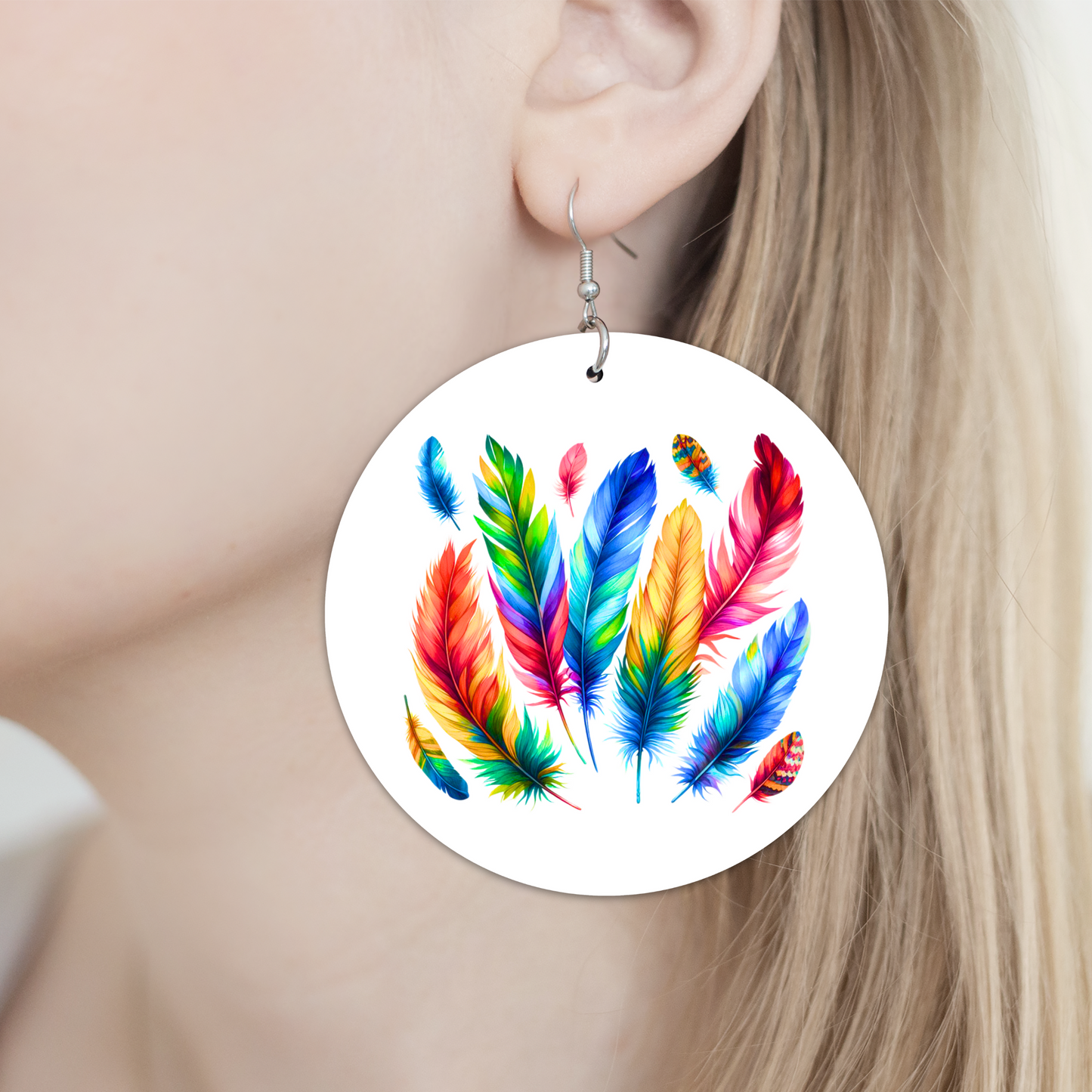 Plume Pallette - Rainbow Feathers Earrings - 2" Circle