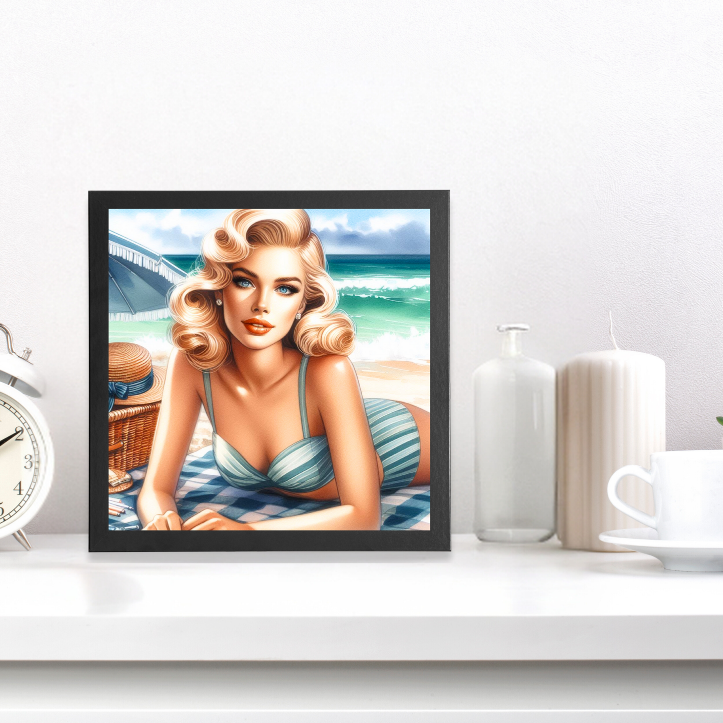 Beach Belles - Sunbathing Beauty - Framed Canvas Art Print - 6" x 6"