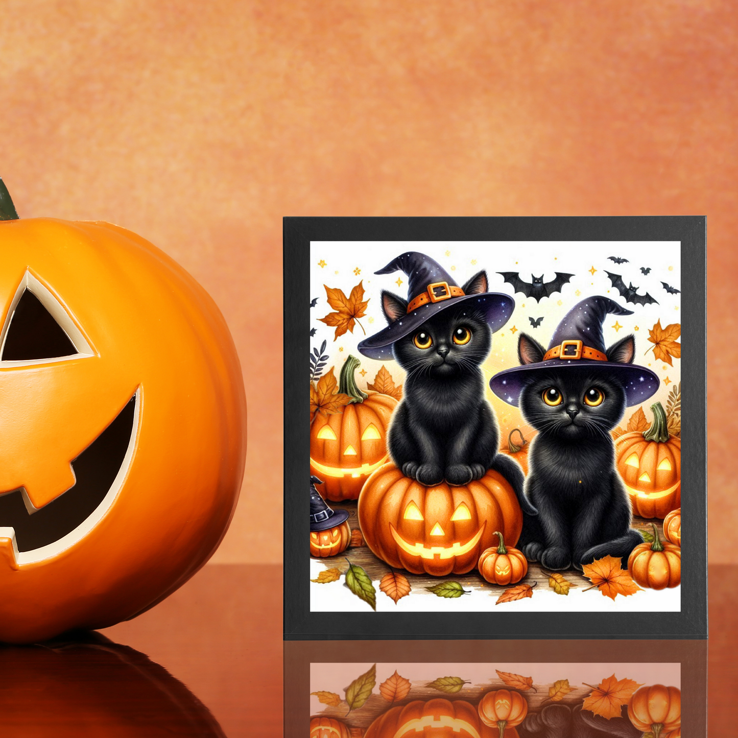 Black Cat Halloween - Framed Canvas Art Print - 6" x 6"