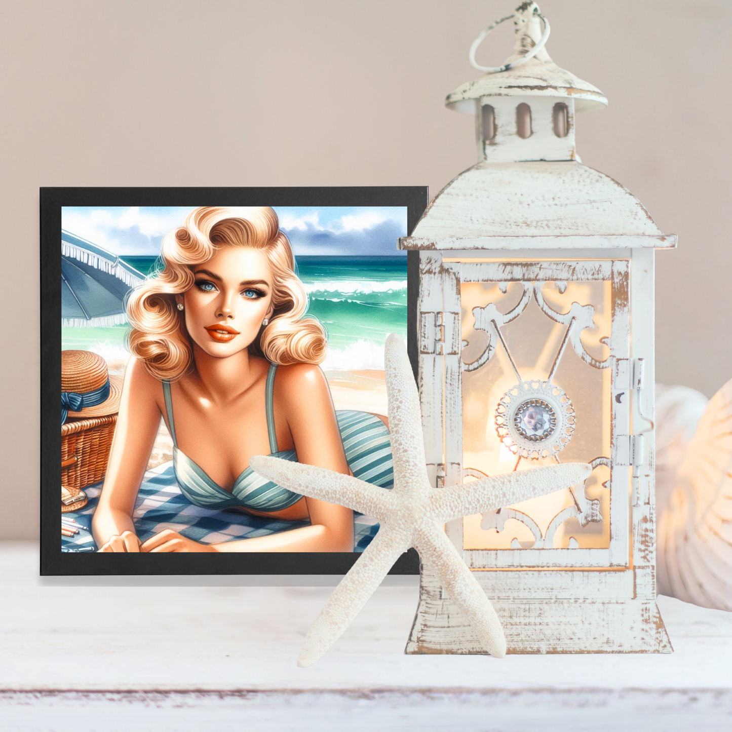 Beach Belles - Sunbathing Beauty - Framed Canvas Art Print - 6" x 6"