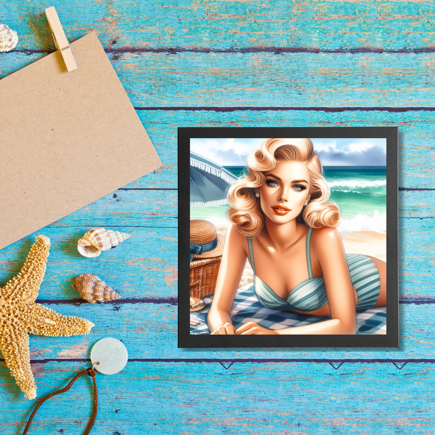 Beach Belles - Sunbathing Beauty - Framed Canvas Art Print - 6" x 6"