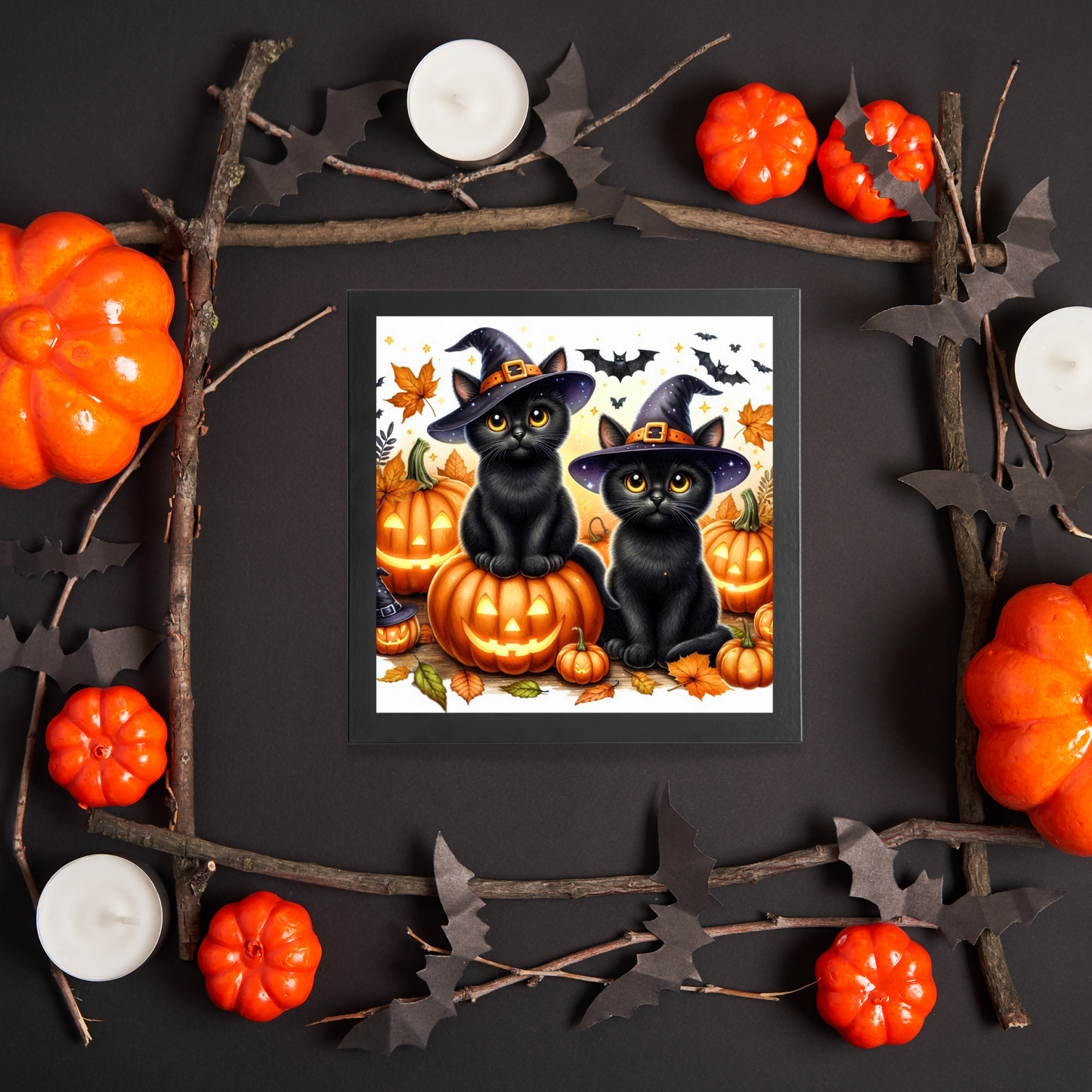 Black Cat Halloween - Framed Canvas Art Print - 6" x 6"