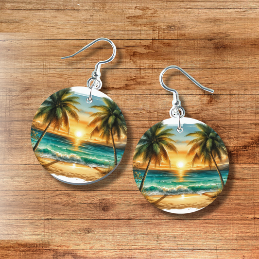 Palm Tree Paradise Earrings - Silver Plated Hooks- 2 Inches