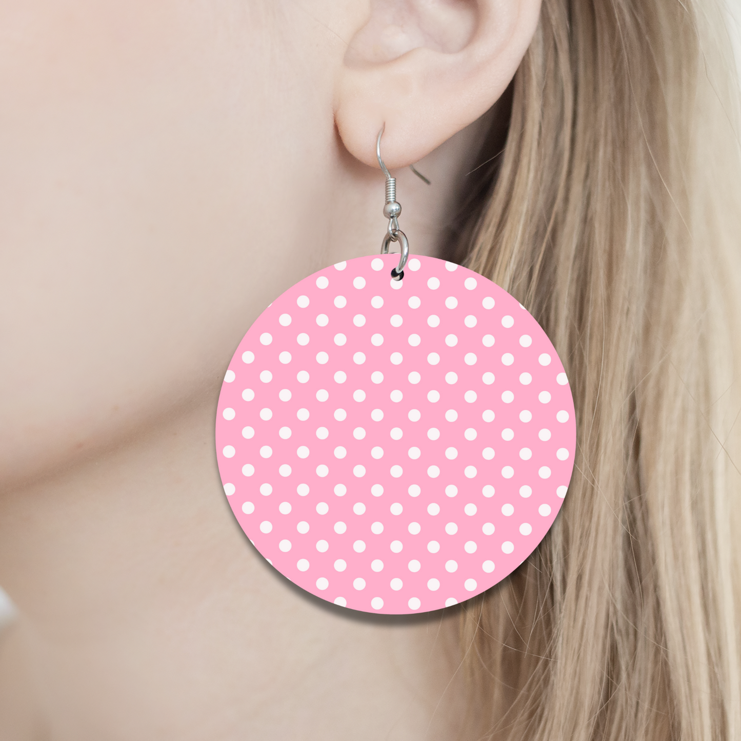 Pink and White Polka Dot Earrings - 2" Circle