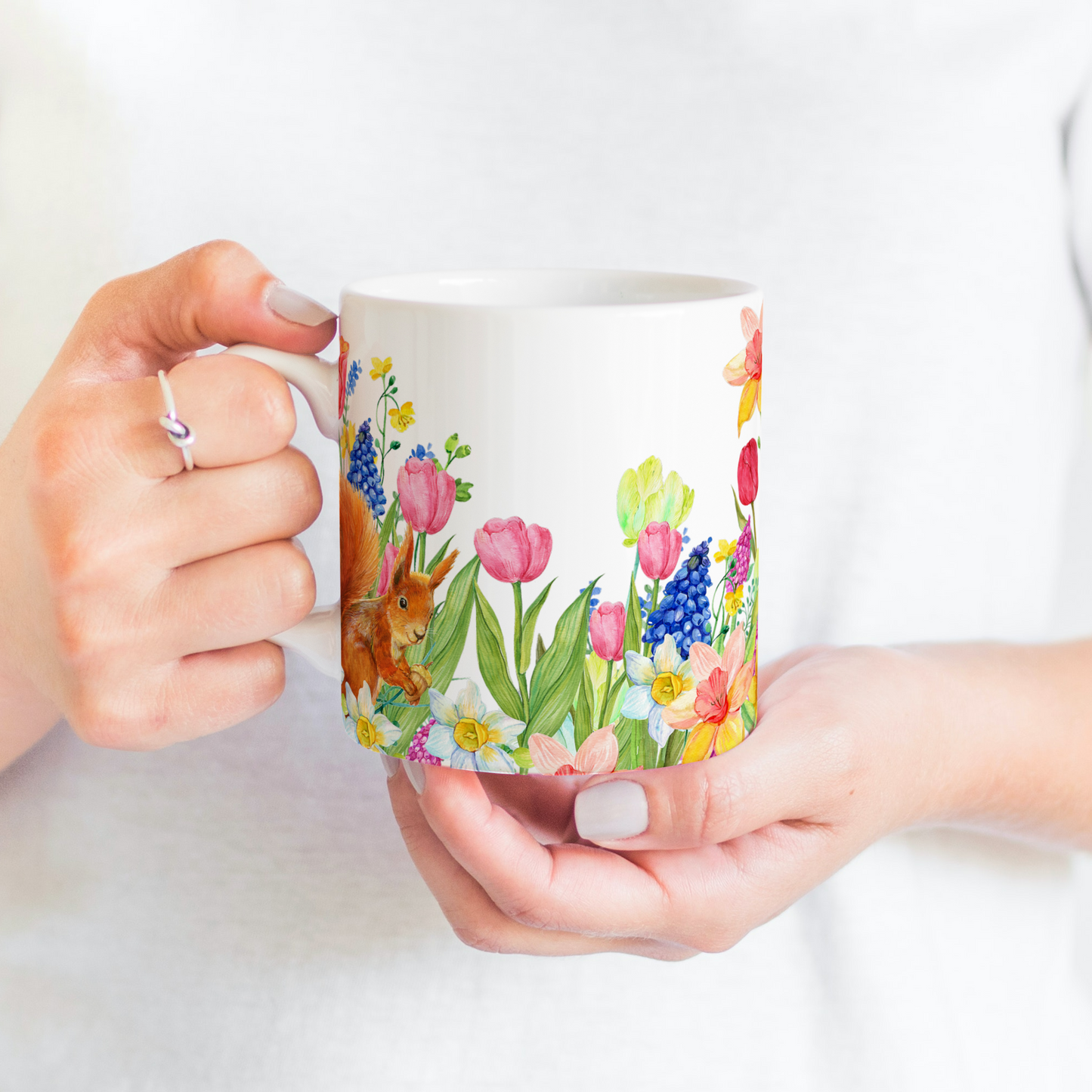 Squirrel in Tulip Garden Mug - 15oz